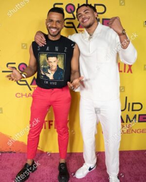 Eric West Instagram - Hit up the @netflix @squidgamenetflix Finale Watch Party! Who were you rooting for?! 

shirt: @alejandrosanz 🎙️👑
pants: @gucci 
shoes: @prada