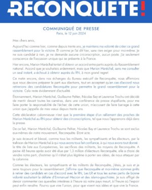 Éric Zemmour Instagram - Mes chers amis, 

Aujourd’hui comme hier, comme depuis trente ans, je maintiens ma volonté de créer ce grand rassemblement pour la victoire. Et comme je l’ai dit hier, sans rien exiger pour moi-même. Je ne suis candidat à rien, je ne demande aucune circonscription, aucun poste. J’ai seulement conscience de l’occasion unique qui se présente à la France.

Lisez la suite de mon communiqué.