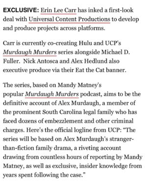Erin Lee Carr Instagram - no baby to announce but….beyond thrilled to report that i’ve signed a scripted first look with the truly incredible creatives at @ucp.

i can’t thank @beespringborn and her team enough for believing in a lil weirdo like me. i plan on working hard but smart, humble but aggressive to help create television that coexists with the incredible content they have been making. thank you to @nickantosca for connecting me with the team and @michaeldfuller for letting me be his teammate. i’m looking for ripped-from-the-headlines IP, female centric stories and wild out-there writing and storytelling. but also a lot of other buckets too 💜

thinking about my dad who would absolutely say something like:
wow
that’s my girl and 
go get ‘em

via:
@deadline link in linktree
