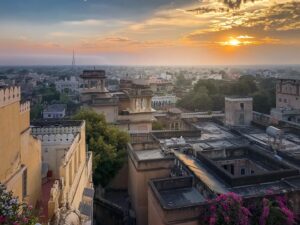 Evelyn Edwards Instagram - This is the glorious skyline of Mandawa, Rajasthan India from Castle Mandawa. Most mornings this would be the view I would wake up to before shooting the film #Mimi  I would usually wake up early to get some extra Hindi dialogue practice in. I will never forget the sounds of the wild peacocks and prayers that filled the air each morning.💚🇮🇳🏰 #rajasthan #castlemandawa #india #bollywood