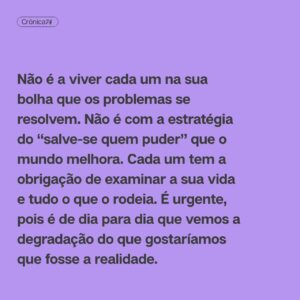 Filipe Vargas Instagram - Não é a viver cada um na sua bolha que os problemas se resolvem. Não é adotando a estratégia do “salve-se quem puder” que o mundo vai melhorar. Cada um tem a obrigação de examinar não só a sua própria vida como também tudo o que o rodeia. É urgente, pois é de dia para dia que vemos a degradação daquilo que gostaríamos que fosse a nossa realidade.

Crónica de Filipe Vargas
➡️ Lê tudo em setentaequatro.pt