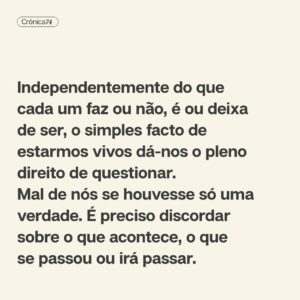 Filipe Vargas Instagram - Não é a viver cada um na sua bolha que os problemas se resolvem. Não é adotando a estratégia do “salve-se quem puder” que o mundo vai melhorar. Cada um tem a obrigação de examinar não só a sua própria vida como também tudo o que o rodeia. É urgente, pois é de dia para dia que vemos a degradação daquilo que gostaríamos que fosse a nossa realidade.

Crónica de Filipe Vargas
➡️ Lê tudo em setentaequatro.pt