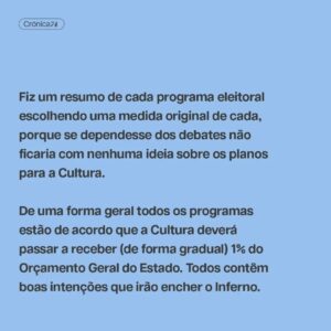 Filipe Vargas Instagram - Como cidadão e actor preocupo-me com o futuro da Cultura, e como tal iria viajar pelos programas dos principais partidos, na esperança de encontrar políticas culturais minimamente delineadas. Ainda bem que o fiz, porque se dependesse dos debates não ficaria com nenhuma ideia sobre os planos dos candidatos para um sector tão vital como é a Cultura. 

Crónica de Filipe Vargas.
➡️ Lê tudo em setentaequatro.pt