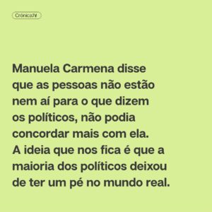 Filipe Vargas Instagram - Esta e a próxima crónica terão como pano de fundo as eleições que se avizinham. Numa conversa pública, Manuela Carmena disse que as pessoas não estão nem aí para o que dizem os políticos, não podia concordar mais com ela. A ideia que nos fica é que a maioria dos políticos deixou de ter um pé no mundo real. Vemos congressos, discursos inflamados, troca de cadeiras, vitórias pessoais e tudo isto nos parece um episódio mau de House of Cards.

Crónica de @filipevargas. 
➡️ Lê tudo em setentaequatro.pt