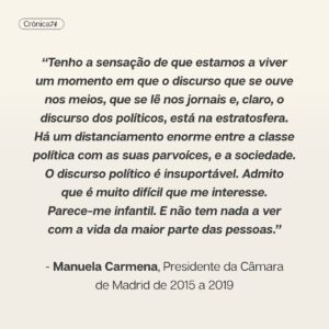 Filipe Vargas Instagram - Esta e a próxima crónica terão como pano de fundo as eleições que se avizinham. Numa conversa pública, Manuela Carmena disse que as pessoas não estão nem aí para o que dizem os políticos, não podia concordar mais com ela. A ideia que nos fica é que a maioria dos políticos deixou de ter um pé no mundo real. Vemos congressos, discursos inflamados, troca de cadeiras, vitórias pessoais e tudo isto nos parece um episódio mau de House of Cards.

Crónica de @filipevargas. 
➡️ Lê tudo em setentaequatro.pt