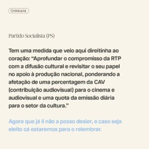 Filipe Vargas Instagram - Como cidadão e actor preocupo-me com o futuro da Cultura, e como tal iria viajar pelos programas dos principais partidos, na esperança de encontrar políticas culturais minimamente delineadas. Ainda bem que o fiz, porque se dependesse dos debates não ficaria com nenhuma ideia sobre os planos dos candidatos para um sector tão vital como é a Cultura. 

Crónica de Filipe Vargas.
➡️ Lê tudo em setentaequatro.pt