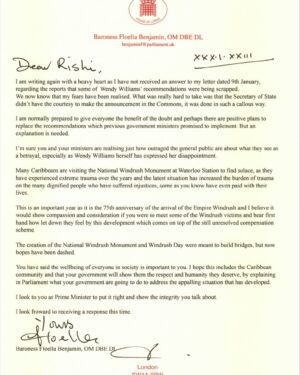 Floella Benjamin Instagram - As I have not received a reply to my first letter I’ve written this follow up letter to the Prime Minister expressing my dismay and disappointment at his government’s complete lack of respect for the #Windrush Generation @RishiSunak @LibDems @ukhomeoffice
