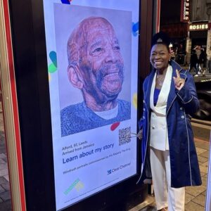 Floella Benjamin Instagram - Was so excited to see the @ClearChannelUK poster display in Birmingham of the #Windrush Elder Alford Gardener’s portrait commissioned by The King to celebrate #Windrush75. Alford age 97 is one of the last surviving Windrush passengers who arrived in Britain in 1948.