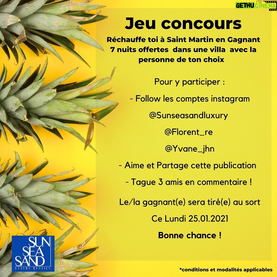 Florent Ré - 4.1K Likes - 🚨Grand jeu concours voyage 🚨
Le soleil, votre chambre avec piscine privée, le tout à 30secondes de la plage et de son eau turquoise...
Ça vous dit ???? 🌴☀️🏖
Je vous propose le concours le plus dingue !!
7NUITS DANS UNE VILLA DE LUXE sur l’île de SAINT MARTIN avec @sunseasandluxury
Une petite, avec piscine privée et vue à couper le souffle...🏖🩳 👙
POUR PARTICIPER :
- Follow les comptes Instagram
- @florent_re
- @yvane_jhn
- @sunseasandluxury
- Aimer et partage cette publication
- Tague 3 amis en commentaire.
🚨 Résultats le lundi 25.01.2021
( tirage au sort totalement automatique )