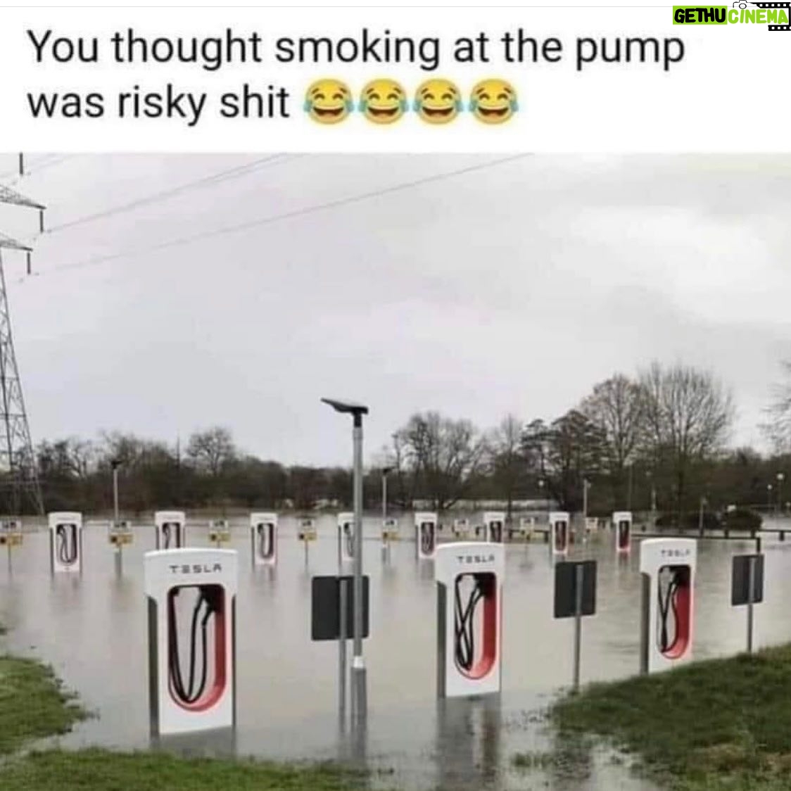 Forrest Griffin - 2.6K Likes - I’d still charge there! Doesn’t water just make it charge faster? ⚡️😂 #tesla #charge #electric #electriccars #flood #electricity