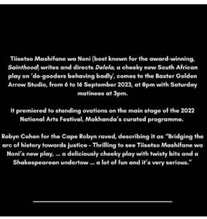 Frances Sholto-Douglas Instagram - And just like that, it’s our final week in the theatre. Come watch DELELA at the Baxter while you still can - it’ll rock your world! The link to book is in my bio. 🥰🌺💐🥀