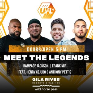 Frank Mir Instagram - Join us TONIGHT at UFL 4 when doors open and meet MMA legends @rampage4real @thefrankmir @henry_cejudo & @showtimepettis 🤝

👊 UFL 4 | 🗓 SAT APR 27 | 🏟 Wild Horse Pass Casino | 🎟 LINK IN BIO | 📺 @KickStreaming