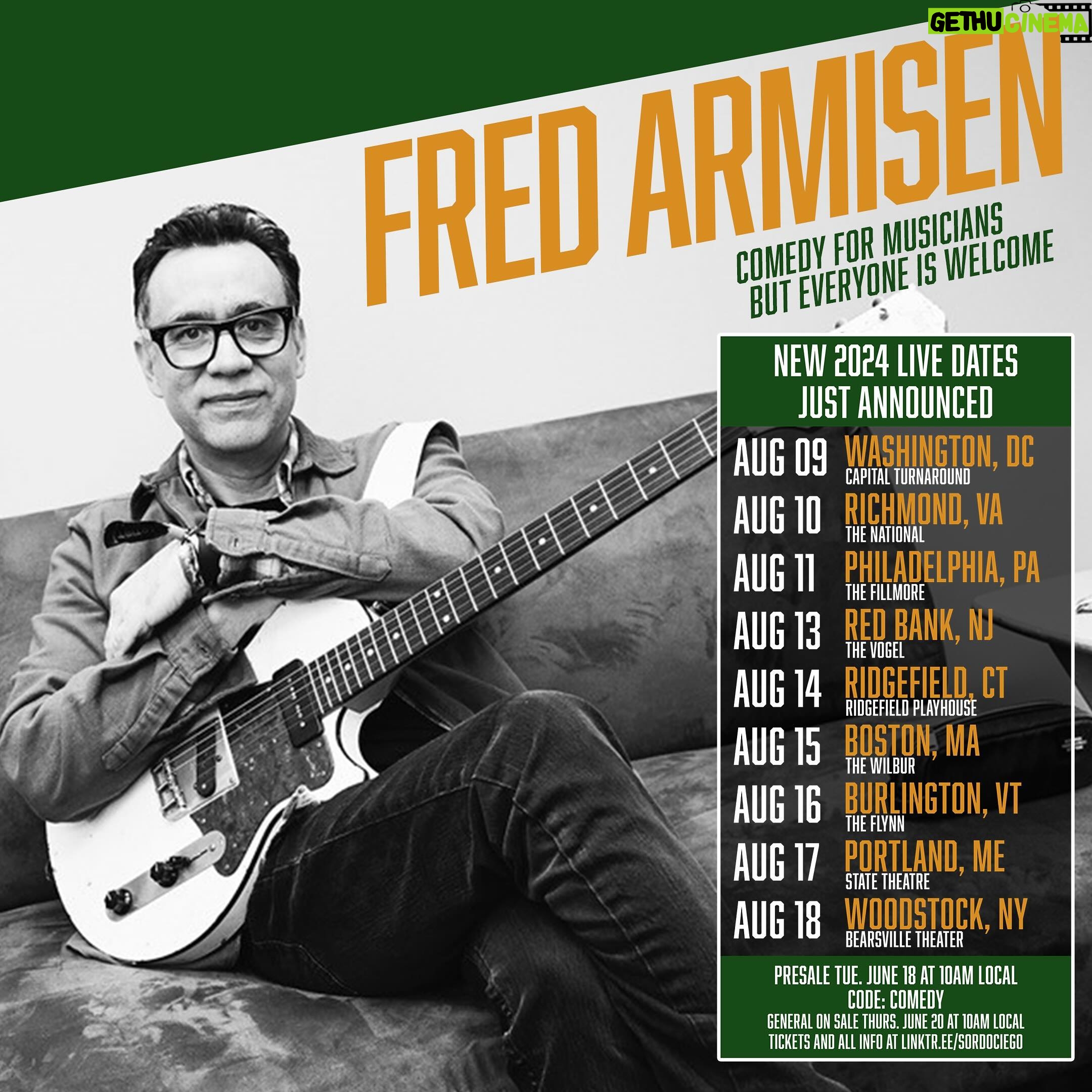 Fred Armisen - 8.3K Likes - Some August shows coming up!
8/9 Washington DC @unionstage
8/10 Richmond, VA @thenationalva
8/11 Philadelphia, PA @fillmorephilly
8/13 Red Bank, NJ @thevogelnj
8/14 Ridgefield, CT @ridgefieldplayhouse
8/15 Boston, MA @the_wilbur
8/16 Burlington, VT @flynncenter
8/17 Portland, ME @statetheatreportland
8/18 Woodstock, NY @bearsvilletheater
Tickets at link in bio.