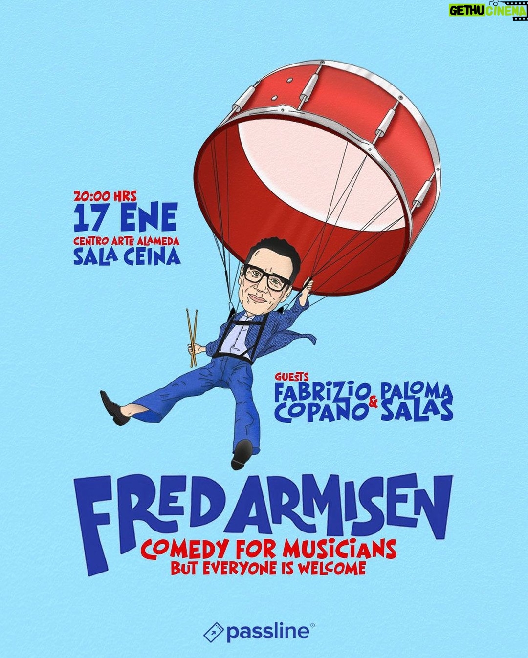 Fred Armisen - 6.7K Likes - Santiago, Chile! šØš± Monday 8pm. Lunes 17 de Enero. Con @fabriziocopano y @pobrecabra.
Este show contiene segmentos tanto en inglƩs como en espaƱol. @centroartealameda @passline_oficial @valisguitars art by @visuartstudio.cl