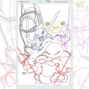 Freddie Williams II Instagram - It's TURTLE THURSDAY! Ink wash Batman/TMNT Issue 1 variant cover for the original crossover series, included here is the layout sketch and breakdown inks.