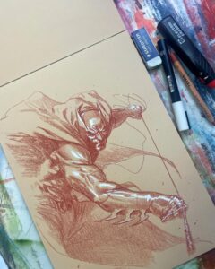 Gabriele Dell'Otto Instagram - “A couple of Batman” sometime I’m so lucky to find enough room, between schedules, to draw some sketch, just for fun! Sanguigna e uniposca bianco su carta da spolvero @dcofficial @batman #drawing #pencil #dustpaper @yokaidavid @carmisterpixel