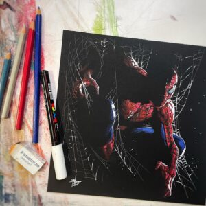 Gabriele Dell'Otto Instagram - “A little spider!” Thanks David  Color pencils @carandache and white uniposca on black paper @fabriano1264 @marvel @spiderman #comics #comicart #art @yokaidavid @carmisterpixel