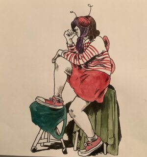 Gabrielle Bell Instagram - Some drawings from the @drawmedrawu event at the @franciskiteclub. The theme was sci-fi bugs, and pictured, respectively, are @angelafanche, @lydiamaydine, @juliettecollet, @floydtangeman, and me, and the final drawings are some of me by @natasharpie3. It was such a fun, collaborative night. 
I’ll post more as I finish and color them and continue posting them over on my drawing site @drawings_in_cafes. So follow there for more.