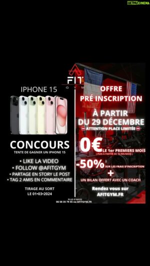 Gauthier El Himer Instagram - •On arrive à St Raphaël/Frejus•
 
🔺 Zone Musculation & Powerlifting
🔺 Zone Cuisses & Fessiers 
🔺 Zone CrossTraining & Cardio
🔺 Zone Cours Collectif avec un coach 
🔺 Zone Sport de Combat
🔺 Zone Fitness Extérieur
🔺 Zone Esthétique & Kiné
🔺 Zone Barber & Tattoo Shop
🔺 Zone Poké & Salad Bar

💶 À partir de 10.99€/Mois

AFITGYM.FR

🤫 Chut ... Il ne faut pas trop en parler on risquerait de ne plus avoir de place pour vous ✌️

🎁 CONCOURS iPHONE 15 🎁

🔺 ABONNE TOI À @afitgym_saintraphael_frejus 
🔺 LIKE LA VIDÉO 
🔺 IDENTIFIE 2 PERSONNES EN COMMENTAIRE
🔺 REPOST EN STORY LE POST

➡️ Un commentaire sera tiré au sort .
➡️ Tirage au sort Vendredi 1er Mars 👍