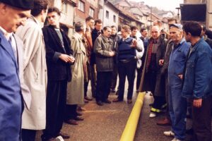 George Soros Instagram - When pluralism was under attack in Sarajevo, the people joined together to ensure the survival of the city and its culture. Now, looking back over 20 years after the war, the city of Sarajevo still stands as a testament not only to open society's vulnerability, but also to its resiliency and strength. Learn more at https://osf.to/bosnia. 
George Soros meets with engineers and a crew working to restore gas lines for besieged residents of Sarajevo, Bosnia and Herzegovina, in November 1993, part of his $50 million relief efforts during the war. Photo credit: Beka Vuco/Open Society Foundations 
#opensociety