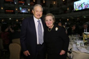 George Soros Instagram - Madeleine Albright was an astute stateswoman, scholar, and a true champion for freedom and democracy. She was a trailblazer in her field. My colleagues and I at the Open Society Foundations mourn her passing today. We will miss her.

George Soros and former Secretary of State Madeleine Albright at a benefit hosted by the International Rescue Committee in New York City on November 6, 2013. Photo: © Neilson Barnard/Getty