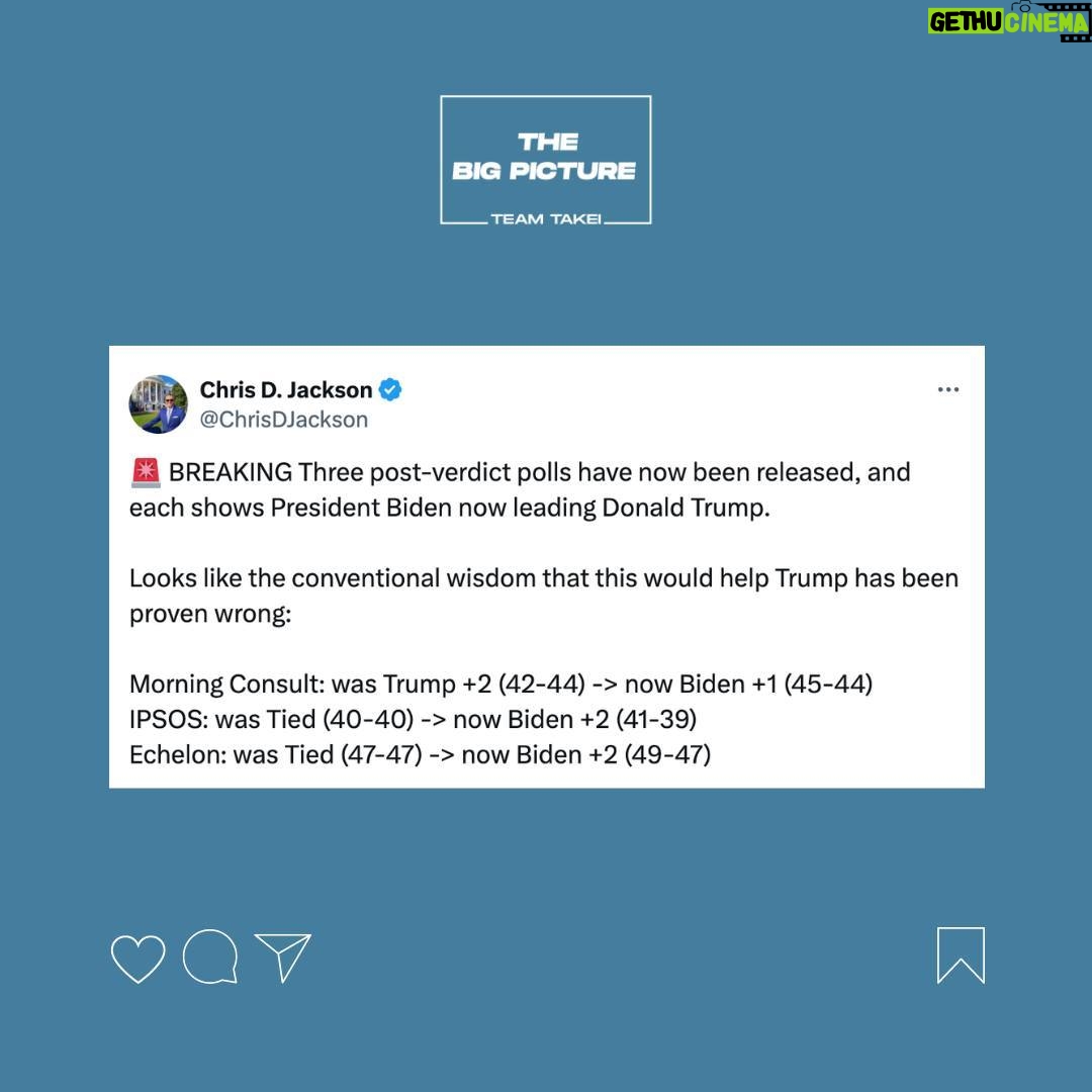 George Takei - 2.7K Likes - From Trump's conviction to a shift in polling to Biden's inspiring D-Day speech, it's been a monumental week in politics. Plus, Simone Biles' stunning victory and updates on what's to come for Steve Bannon and Alex Jones. Don't miss this week's 'Week In Wins' at @ReadTheBigPicture. Head to my link in bio to read more.