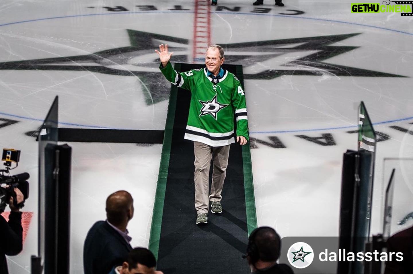 George W. Bush - 86.5K Likes - Had an excellent time tonight. Thanks for having me, @dallasstars.
#Repost @dallasstars with @download_repost
・・・
Thank you Mr. President! Victory Green looks good on you. #GoStars
