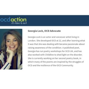 Georgia Lock Instagram - Super excited to say I'll be speaking at @ocdaction's national conference on October 7th!! I'll be joining @steveb72writes and @dukealdurham in a discussion about how using creativity can be a helpful outlet in living with this condition 💚 it's going to be a wonderful day with so many people I can't wait to hear speak. Hope to see you!