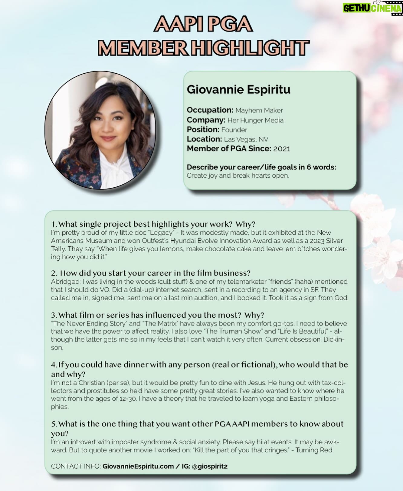 Giovannie Espiritu - 77 Likes - Thrilled to share that I’m the AAPI PGA Member Highlight of the Month!
Being part of the Producers Guild has not only kept me informed on the pulse of the industry but also opened doors to invaluable educational opportunities and made building relationships in this crazy lovely kooky industry much more comfortable for my introverted self.
Super thankful for the leads of the AAPI committee (both for this term and last term when I joined!) who put together special panels to help raise AAPI visibility in the media. I’m always uplifted and inspired to keep going in this biz.
#producersguildofamerica #aapi #producer #filmmaker #womeninfilm #allianceofwomendirectors #pga #awd