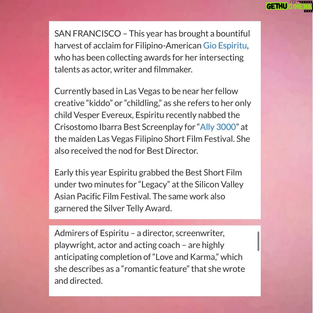Giovannie Espiritu - 1.3K Likes - Squeeee!
“A true creative, she raises consciousness as surely as she raises eyebrows. Rewards naturally follow in her wake.”
They mention the Silicon Valley Asian Pacific FilmFest and the Las Vegas Filipino Short Film Festival as well as Arreugir Jojo and Belinda… AND Bettina Santos Yap ♥️🙌🏽🇵🇭
#filmmaker #womeninfilm #filipina #pinoypride #filipinx #filmfestival #lasvegas #siliconvalley #documentary #indiefilm #femalefilmmaker #philippines #tondo #tondogirl