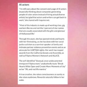 Giovannie Espiritu Instagram - Squeeee!

“A true creative, she raises consciousness as surely as she raises eyebrows. Rewards naturally follow in her wake.”

They mention the Silicon Valley Asian Pacific FilmFest and the Las Vegas Filipino Short Film Festival as well as Arreugir Jojo and Belinda… AND Bettina Santos Yap ♥️🙌🏽🇵🇭

#filmmaker #womeninfilm #filipina #pinoypride #filipinx #filmfestival #lasvegas #siliconvalley #documentary #indiefilm #femalefilmmaker #philippines #tondo #tondogirl