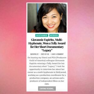 Giovannie Espiritu Instagram - After Quentin found out I won a Telly, he did this cute interview with me. Super grateful for his influence as an awesome PGA leader, uplifter, and powerhouse connector in the AAPI and Alphabet Mafia community. 💕🫶🏽

#aapi #filipina #filipinx #telly #filmmaker #director #writer #producer #womeninfilm #thefutureoffilmisfemale #producersguildofamerica