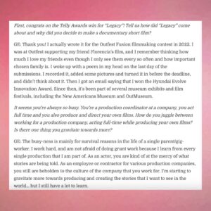 Giovannie Espiritu Instagram - After Quentin found out I won a Telly, he did this cute interview with me. Super grateful for his influence as an awesome PGA leader, uplifter, and powerhouse connector in the AAPI and Alphabet Mafia community. 💕🫶🏽

#aapi #filipina #filipinx #telly #filmmaker #director #writer #producer #womeninfilm #thefutureoffilmisfemale #producersguildofamerica