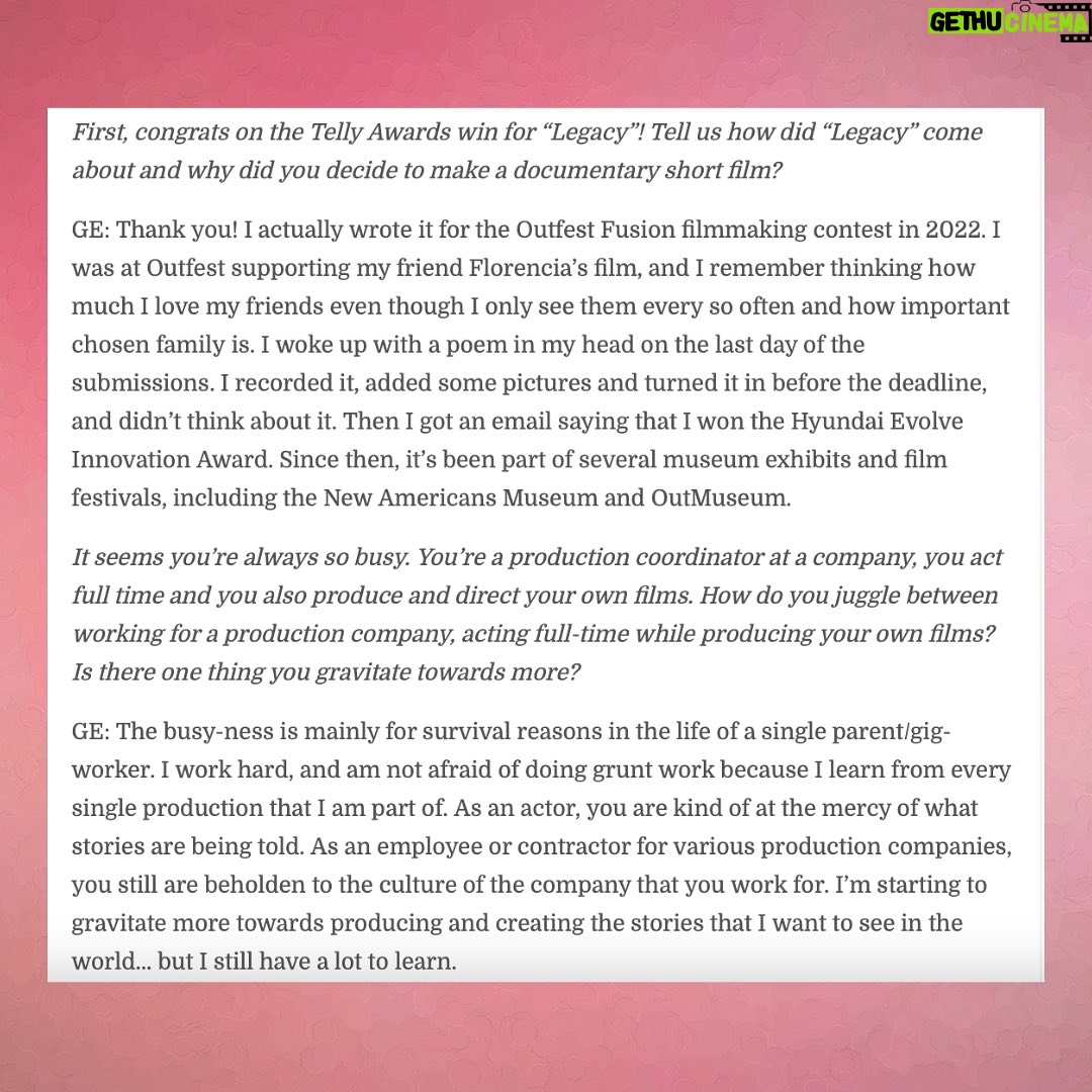 Giovannie Espiritu - 702 Likes - After Quentin found out I won a Telly, he did this cute interview with me. Super grateful for his influence as an awesome PGA leader, uplifter, and powerhouse connector in the AAPI and Alphabet Mafia community. 💕🫶🏽
#aapi #filipina #filipinx #telly #filmmaker #director #writer #producer #womeninfilm #thefutureoffilmisfemale #producersguildofamerica