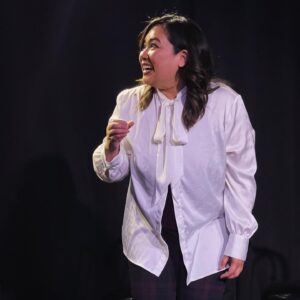 Giovannie Espiritu Instagram - Last night, I was invited by the 🙇🏻‍♀️amazing @_kimberlyscott_ to be part of the guest cast of @bleachimprov - a comedy improv troupe that I’ve been a fan of for the last few years. They are ridiculously wonderful and just as awesome as the peeps in Hollywood Land.

I’ve been hesitant to return to improv outside of a class setting for a few reasons: the main ones being my anxiety face has never gone away (Billy Merritt marked me down for level 4 for having Back Line Scared Face), they always say to play at the top of your intelligence and I’m afraid that I’m not that intelligent and now EVERYONE will know, and I have real time marble mouth and jumble my words (and colloquial expressions) a lot.

But improv has a way of revealing your subconscious mind and your deepest dreams and fears if you let it. Sure enough, I was faced with a scene dealing with narcissistic personality types… and I realized that my go to is STILL to freeze and fawn when faced with douchbaggery (Which Kim played with such aplomb and confidence). 

I think my soul is calling for me to learn how to fight back instead of shutting down. In the scene, I called for back up, which another version of ALLY 3000 made an appearance. 🤖🦾

Photos by @neilcorso @eva.ea_02 and @askformik 🙏🏽

I L-Lo-🤮 y’all and thank you for letting me play with you. #igotyourback #improv #improvcomedy