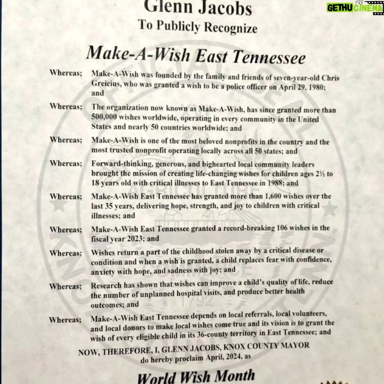 Glenn Jacobs - 9.8K Likes - I was thrilled to start today by presenting a proclamation to Make-A-Wish East Tennessee recognizing World Wish Month!