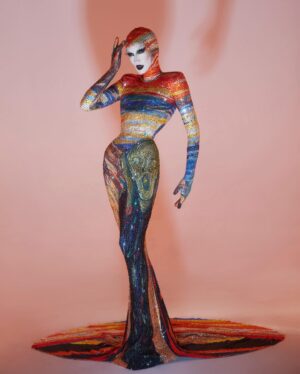 Gottmik Instagram - The scream by Edvard Munch 1893 
.
Over 500,000 crystals in 50 different colors and over 1000 hours to complete.
This dress was a labor of love and another very iconic moment for me. @thediscodaddy is the only artist I have ever met that would be able to do create this level of artistry and I am so honored to have been able to wear this piece of art on the @rupaulsdragrace stage! ✨🖼️

Photo by @sanchezzalba 
Dress construction by @marcosquared