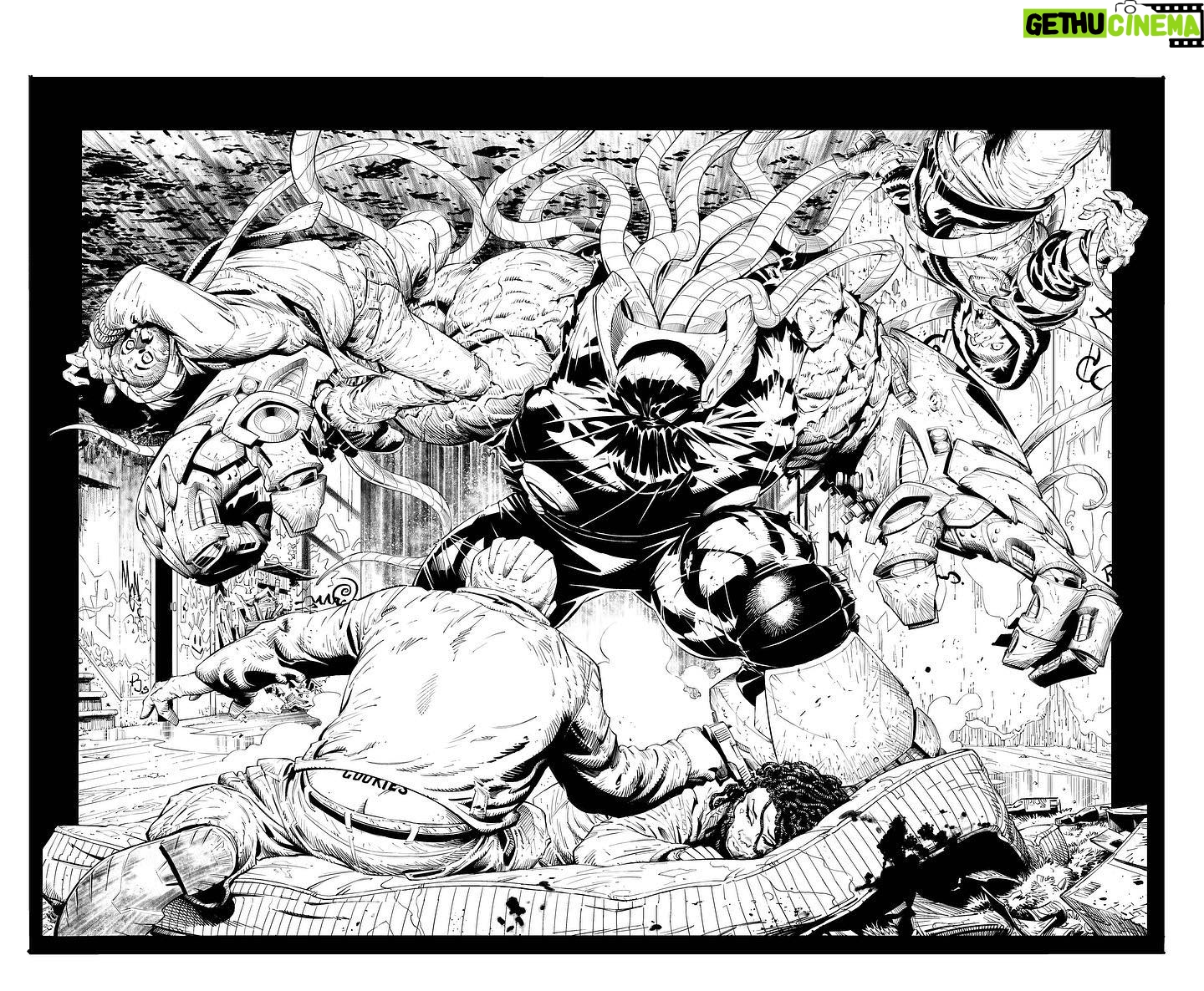 Greg Capullo - 3.6K Likes - Back home and back to work. Adding finishing touches to this spread in CREECH III 🤘🏻✏️🤘🏻 #creech #comicbooks #inkingcomics