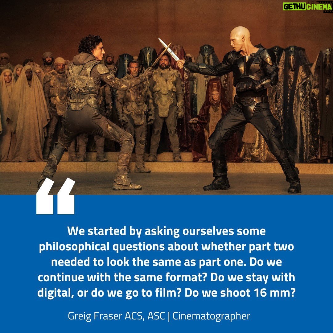 Greig Fraser - 28.9K Likes - For “Dune: Part Two,” cinematographer Greig Fraser ACS, ASC combined the ALEXA 65 and ALEXA Mini LF cameras, blending cutting-edge technology with bold artistic choices to bring the visually captivating Dune universe to life. Learn more about the cinematography of director Denis Villeneuve’s adaptation of the second half of the classic science fiction novel in our interview with Greig Fraser at the link in bio!
📸 @nikotavernise
📸 @wbpictures
#ARRI #ARRIRental #CapturedwithARRI #ServicedbyARRIRental #ALEXA65 #ALEXAMiniLF #CapturedwithMiniLF #Cinematography #DuneMovie #Dune2 #DunePartTwo #GreigFraser