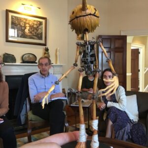 Guillermo del Toro Instagram - EARLY trial and error on an armature for the actual Pinocchio puppet- This version is closer to Gris Grimly's head design and limb proportions. Lisa Henson, Peter Saunders and Blanca Lista in the BG. One more photo to follow...
