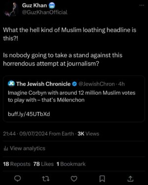 Guz Khan Instagram - Though this post has been deleted (hopefully out of shame) how long will the flagrant hatred of Muslims be allowed to carry on unchallenged?
