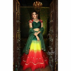 Heena Rai Instagram - Your attitude is like a box of crayons that color your world.
❤️💛💚
#designersareeshyderabad
#designerdresses
#colourfuldress 
#