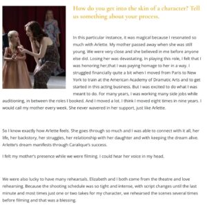 Hélène Cardona Instagram - I was recently interviewed in the magazine Scénema. Enjoy! 
In this #motherdaughter story I play Arlette Linstrom, an ode to mothers & all they sacrifice. Arlette does everything in her power to help her daughter Caralique succeed in fashion and have a better life. She teaches her to trust her instincts to achieve her childhood dreams ⭐

Thank you @scenema2023 and @Beyond the Curve International Film Festival where I won a Best Acting Award ✨️

Full interview:
https://www.bciff.co/interview-with-helene-cardona-caralique

Thank you @angifly for the gorgeous stills ⭐ 📽

Thank you @copilotkali for being such an amazing team player! Kali is super talented, a total pro #bilingual #french and a dancer, beautiful inside and out. Filming #Caralique with you was a joy 💕🍀

Much gratitude to the whole cast and crew. It was a pleasure working with you.
Kali Funston @copilotkali you were amazing!

Thank you Angelica Reyn for the beautiful stills. 

#familymovie #caralique 
#gratitudeattitude
#gratitudepractice
#celebratelife
#paris #berlinale
#filmfestival
#staypositive
#actorslife #followyourbliss
#ilovemyjob #storytellers #festivalseason
#filmmaking 
#mindfulness
#Internationalactress
#frenchactress
#helenecardonamagic 
#multilingualactor 
#helenecardona