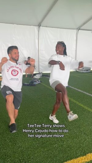 Henry Cejudo Instagram - @canonlybeme__ & @henry_cejudo are trading industry secrets* at #TrackFieldTrials24. 

*signature moves 

#JourneyToGold #MTUSA