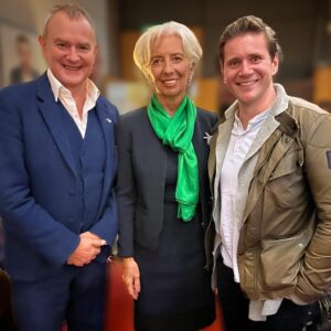 Hugh Bonneville Instagram - High level discussions about the global economy between @christinelagarde, @therealleech and me backstage at @latelaterte in Dublin last night, brilliantly hosted by @instatubridy. Madame Lagarde spoke about the current financial crisis and Putin’s insane invasion of Ukraine. In far more important intergalactic news, she told us she enjoyed #DowntonAbbey.