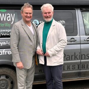 Hugh Bonneville Instagram - It was a real honour to interview Guy Deacon about his odyssey across Africa with Parkinson’s - raising awareness about this cruel disease. A stubborn, witty, inspiring man. Please read his book, Running on Empty. All proceeds go to The Deacon Foundation, @cureparkinsons and @parkinsonsafrica.

Photo 1: With Guy and his wife Tania, @tdhikingadventures.

2: With Guy and the VW van he drove across Africa, raising awareness for Parkinson’s Disease, from which he suffers.

3: With Guy and film director @robhayward_ just before the gig, whose documentary (to be broadcast on Channel4) charts Guy’s remarkable journey.

4-6: 📸 Jack Gaunt

The stunning setting for our conversation was @northcadburycourt - huge thanks to Janet Montgomery for hosting the event.