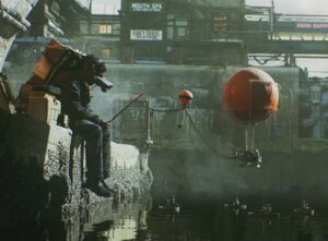 Ian Hubert Instagram - Fishing is a sport of patience. 
Dang man, when photoscanning works, it's so useful.
Thanks @makeronthemove
For letting me doll you up in cybergear yesterday!
.
.
#vfx #cg #b3d #cyberpunk #fishing #worldbuilding #filmmaking #mouthspa #digitalart