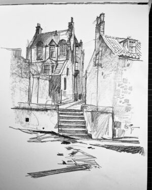 Ian McQue Instagram - North Berwick real & imagined (trying out some new caran d’ache materials hence the mess)