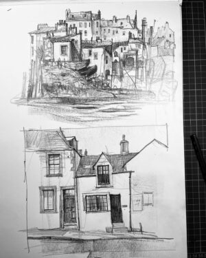 Ian McQue Instagram - North Berwick real & imagined (trying out some new caran d’ache materials hence the mess)