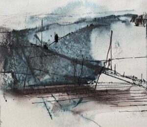 Ian McQue Instagram - experimenting with graphite sticks/watercolour/ink and half remembered landscapes #whatsundaysarefor (must say this @pithsupply sketchbook can take a battering 👍)